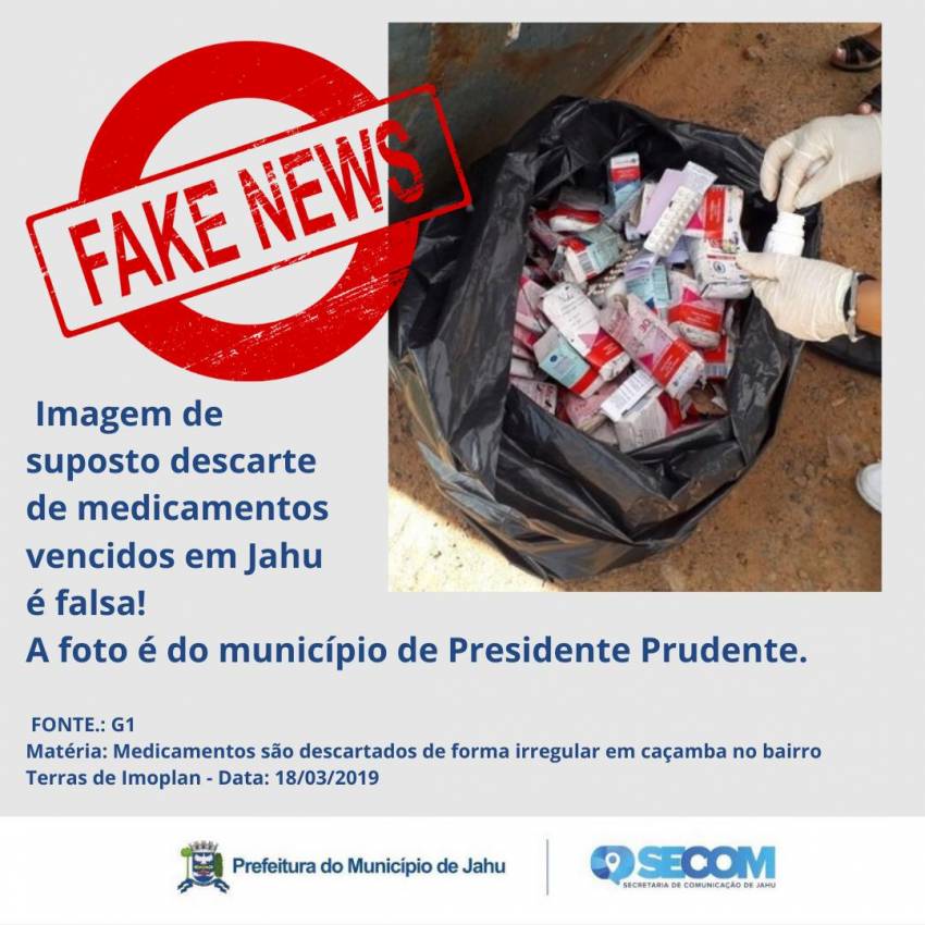 FAKE NEWS - Notícia de suposto descarte de medicamentos é falsa